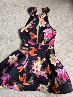 Luxxel Black Floral Print Dress Top with Orange and Pink Blossoms